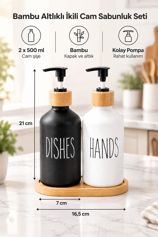 Bambu Altlıklı Bambu Kapaklı İkili Cam Sıvı Sabunluk & Deterjanlık Seti – 2×500 ML- 16,5 x 9 x 21 cm