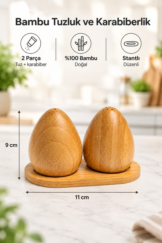 Bambu Tuzluk & Karabiberlik Seti, Damla Tasarım, Stantlı– Doğal Bambu Baharatlık