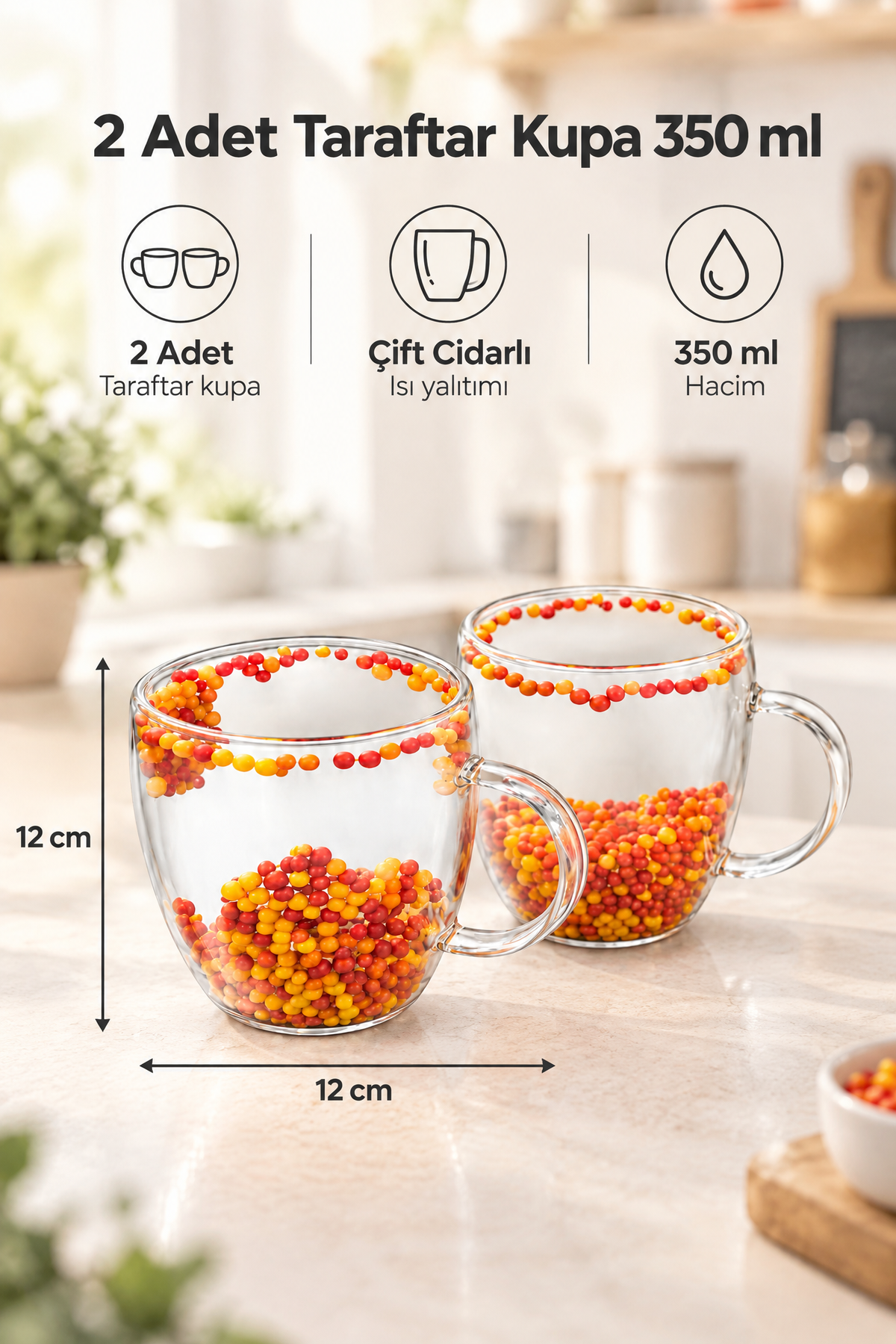 2 Adet Taraftar Kupa, 350 ml | Cidarlı Cam Taraftar Bardak – Sarı Kırmızı