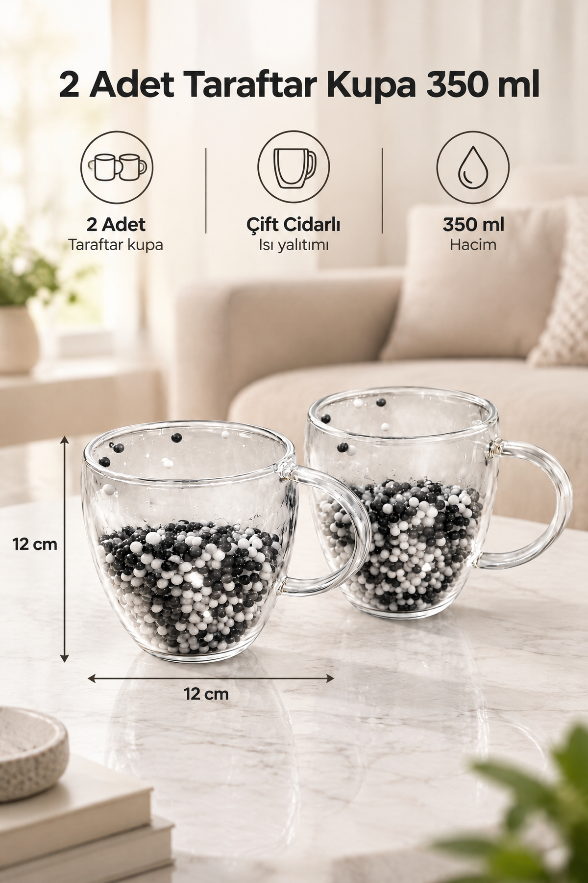 2 Adet Taraftar Kupa, 350 ml | Cidarlı Cam Taraftar Bardak – Siyah Beyaz