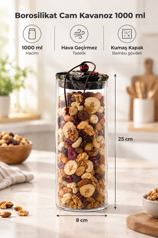 1000 ml Borosilikat Cam Hava Geçirmez Kumaş Kaplama Bambu Kapaklı Kavanoz, çap:8 cm, h:25 cm – Siyah