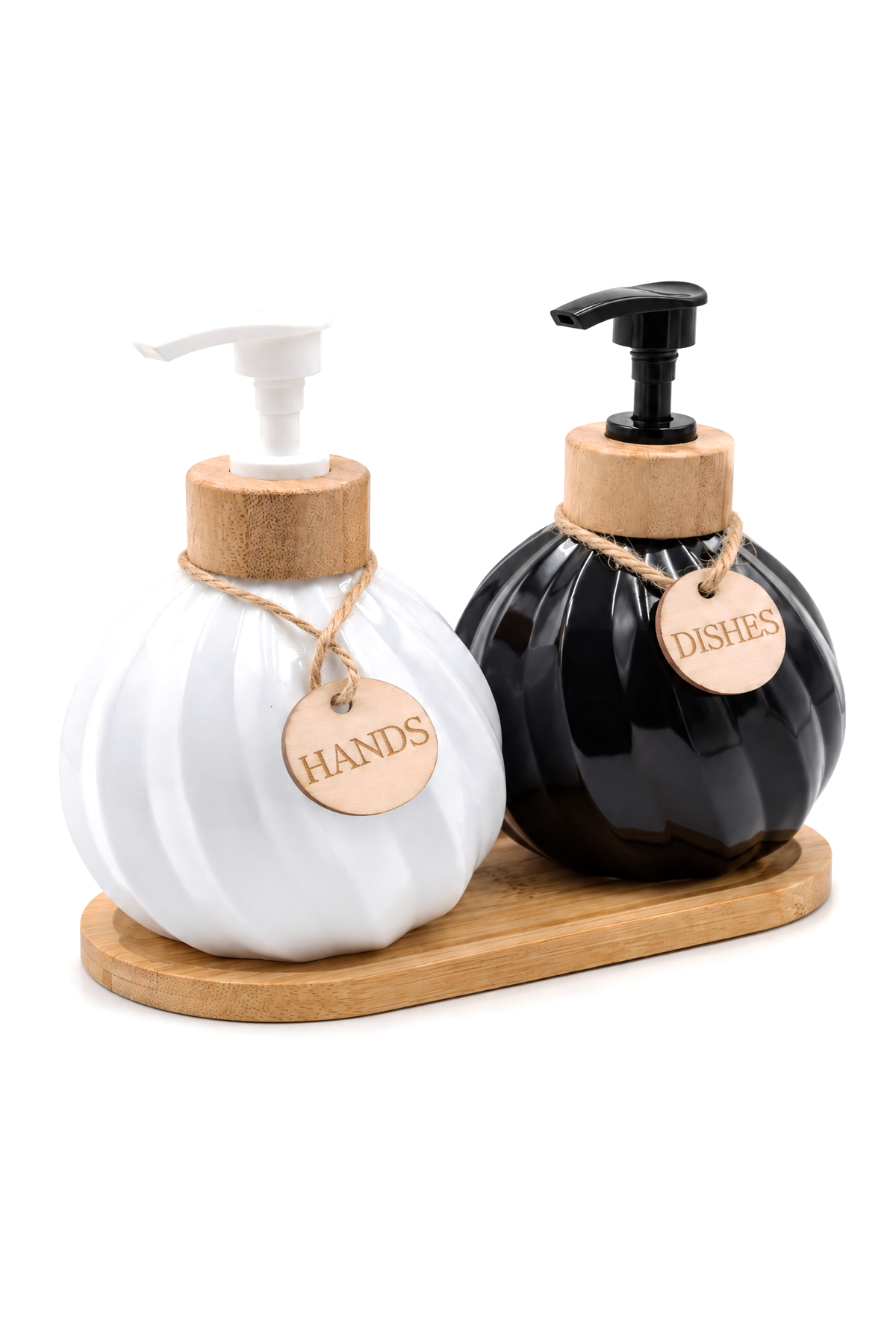 2'li Sıvı Sabunluk & Deterjanlık Seti, Bambu Stantlı, Stant 17,5x8,5 cm, Şişe 400 ml 15x10 cm