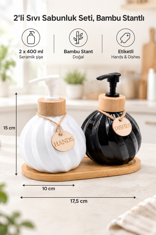 2'li Sıvı Sabunluk & Deterjanlık Seti, Bambu Stantlı, Stant 17,5x8,5 cm, Şişe 400 ml 15x10 cm