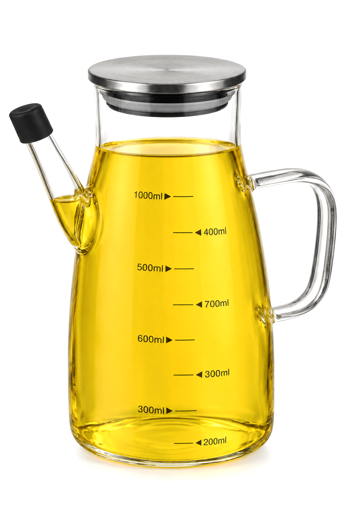 1000 ml Cam Yağlık Sirkelik Sürahi, 22 cm Yükseklik, 10 cm Çap, Paslanmaz Çelik Kapaklı