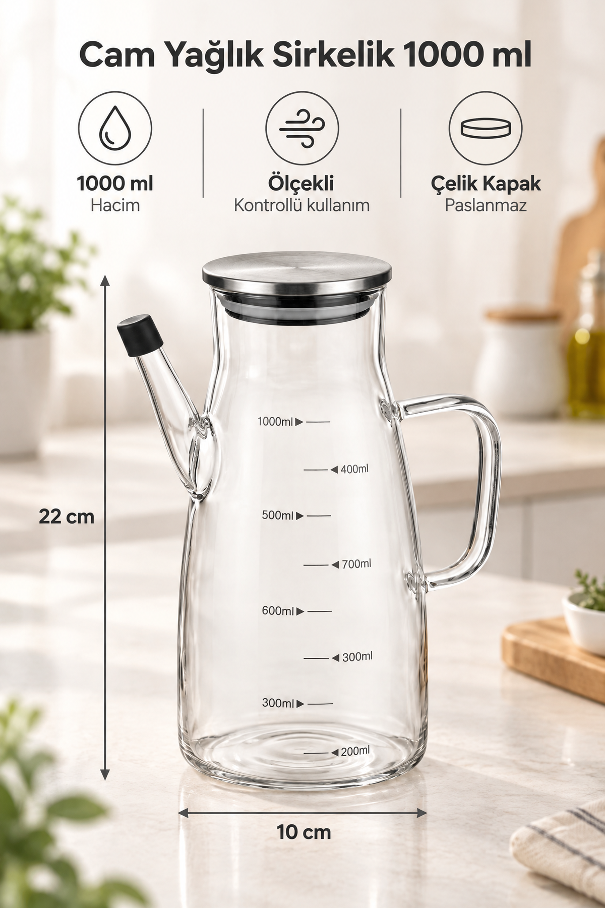 1000 ml Cam Yağlık Sirkelik Sürahi, 22 cm Yükseklik, 10 cm Çap, Paslanmaz Çelik Kapaklı