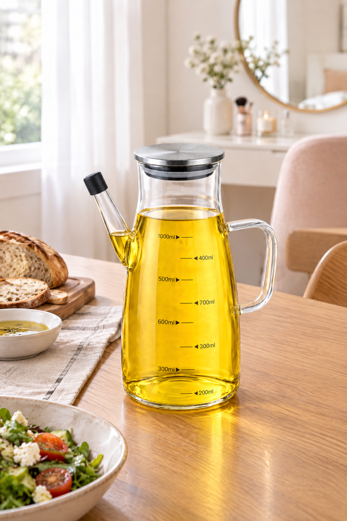 1000 ml Cam Yağlık Sirkelik Sürahi, 22 cm Yükseklik, 10 cm Çap, Paslanmaz Çelik Kapaklı
