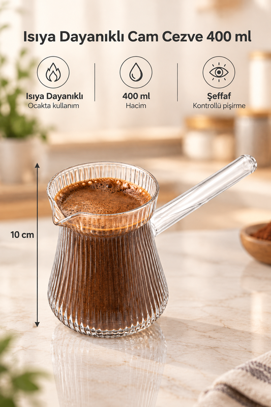 Isıya Dayanıklı Cam Cezve 400 ml, 10 cm Yükseklik, Cam Türk Kahvesi Cezvesi – Çizgili