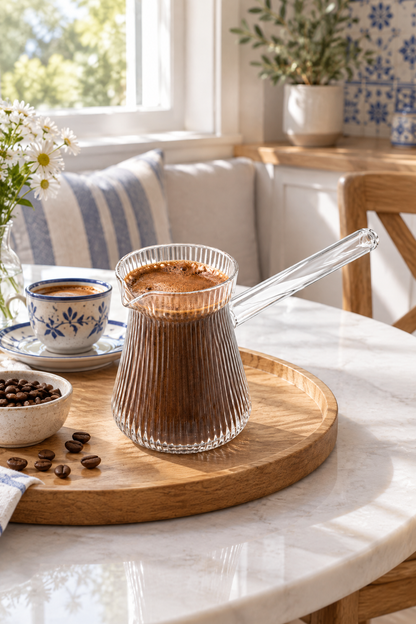 Isıya Dayanıklı Cam Cezve 400 ml, 10 cm Yükseklik, Cam Türk Kahvesi Cezvesi – Çizgili