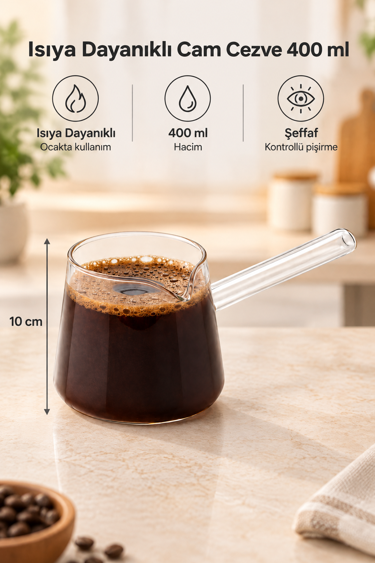 Isıya Dayanıklı Cam Cezve 400 ml, 10 cm Yükseklik, Cam Türk Kahvesi Cezvesi – Şeffaf