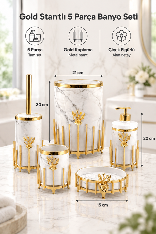 Gold Kaplama Metal Stantlı 5 Parça Mermer Desenli ve Düz Renk Seçenekli Banyo Aksesuar Takımı – Beyaz