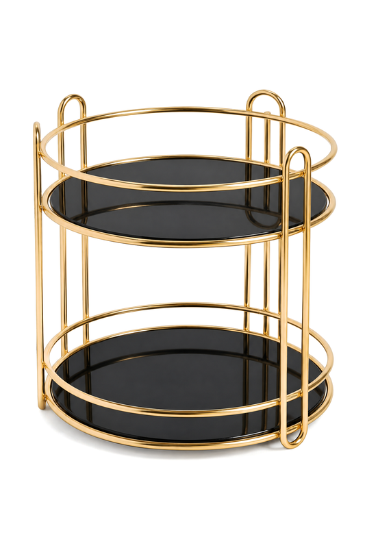 2 Katlı Gold Metal Organizer, Sunumluk, İkramlık, 27,5 cm yükseklik, 22,5 cm Çap