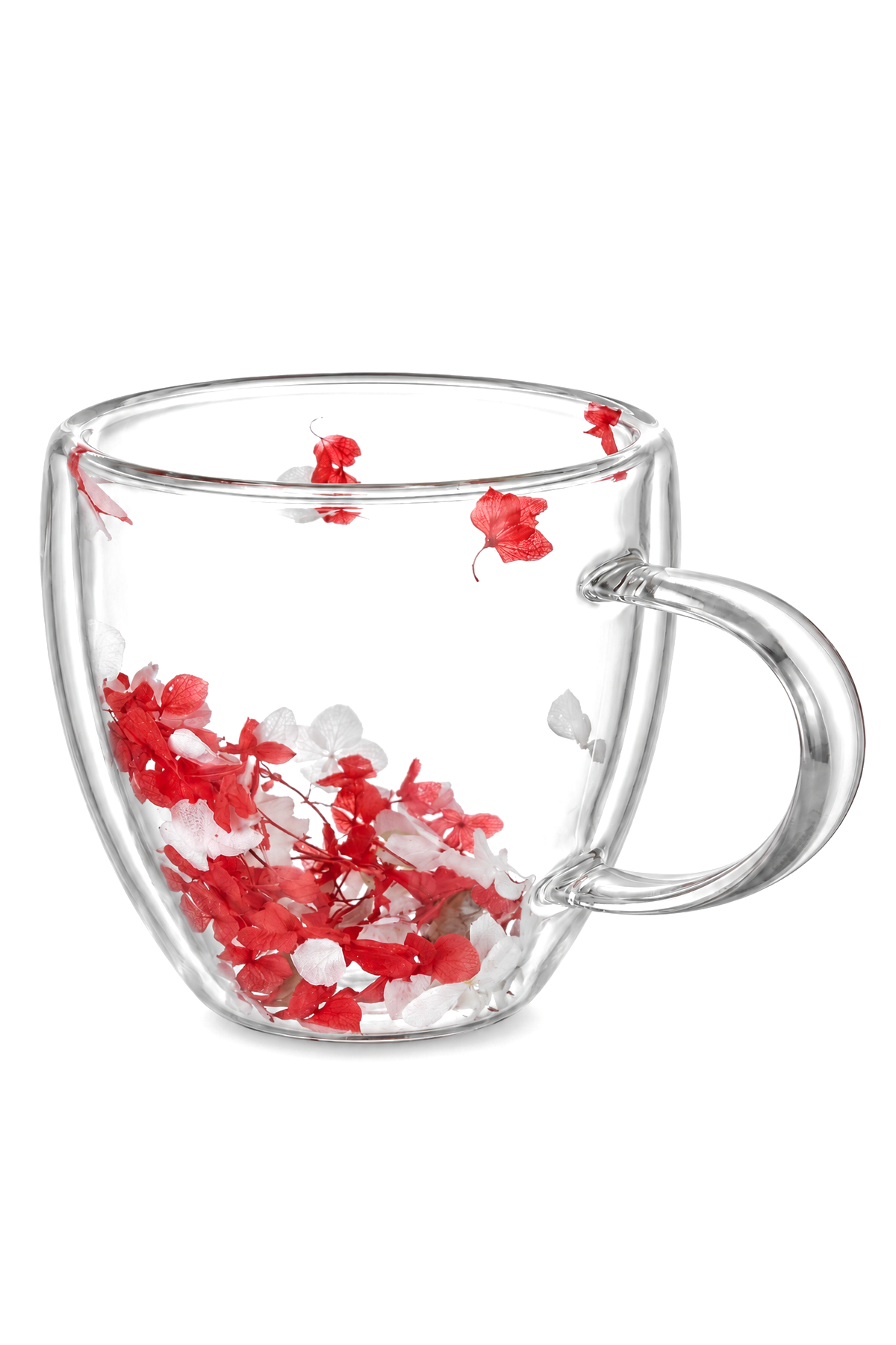 Çift Cidarlı Cam Kupa, 350 ml, 11 cm x 8 cm – Kırmızı Beyaz Çiçekli