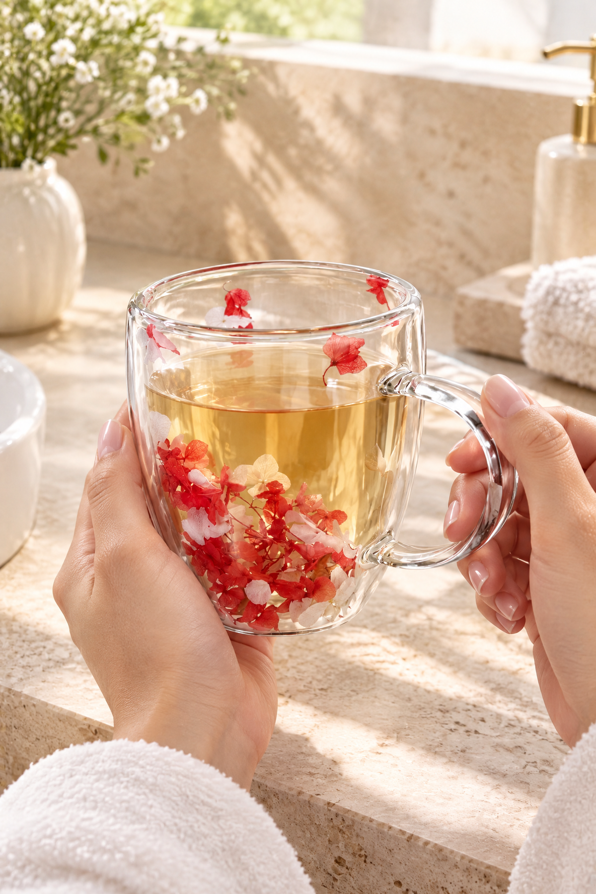 Çift Cidarlı Cam Kupa, 350 ml, 11 cm x 8 cm – Kırmızı Beyaz Çiçekli