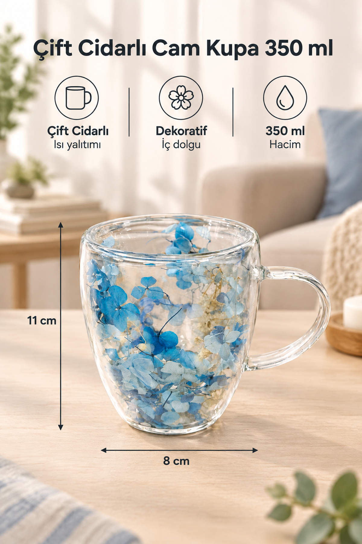 Çift Cidarlı Cam Kupa, 350 ml, 11 cm x 8 cm – Mavi Çiçekli