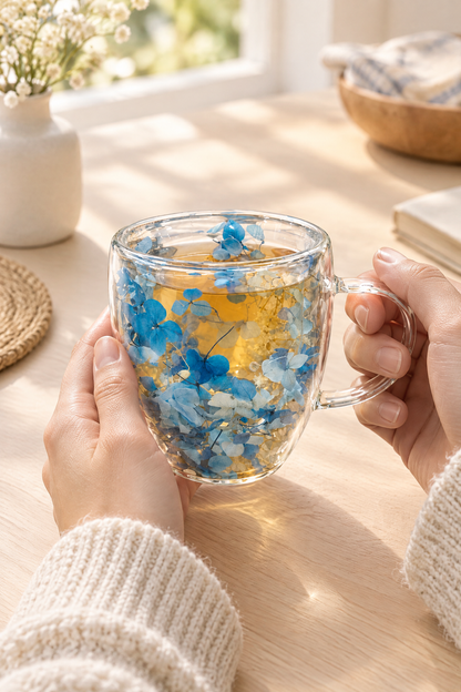 Çift Cidarlı Cam Kupa, 350 ml, 11 cm x 8 cm – Mavi Çiçekli