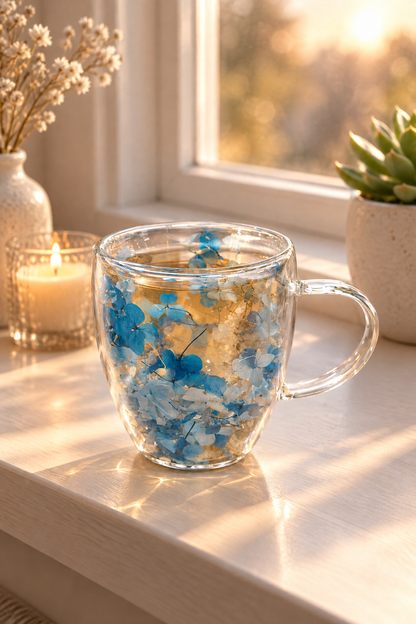 Çift Cidarlı Cam Kupa, 350 ml, 11 cm x 8 cm – Mavi Çiçekli