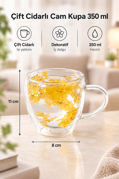 Çift Cidarlı Cam Kupa, 350 ml, 11 cm x 8 cm – Sarı Çiçekli
