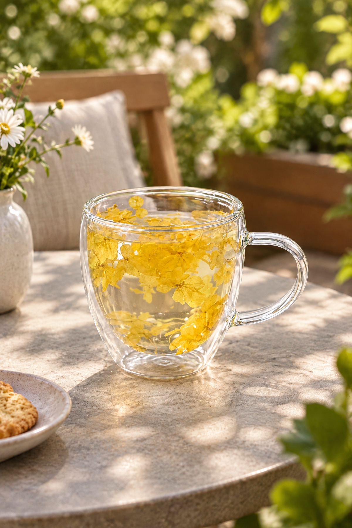 Çift Cidarlı Cam Kupa, 350 ml, 11 cm x 8 cm – Sarı Çiçekli