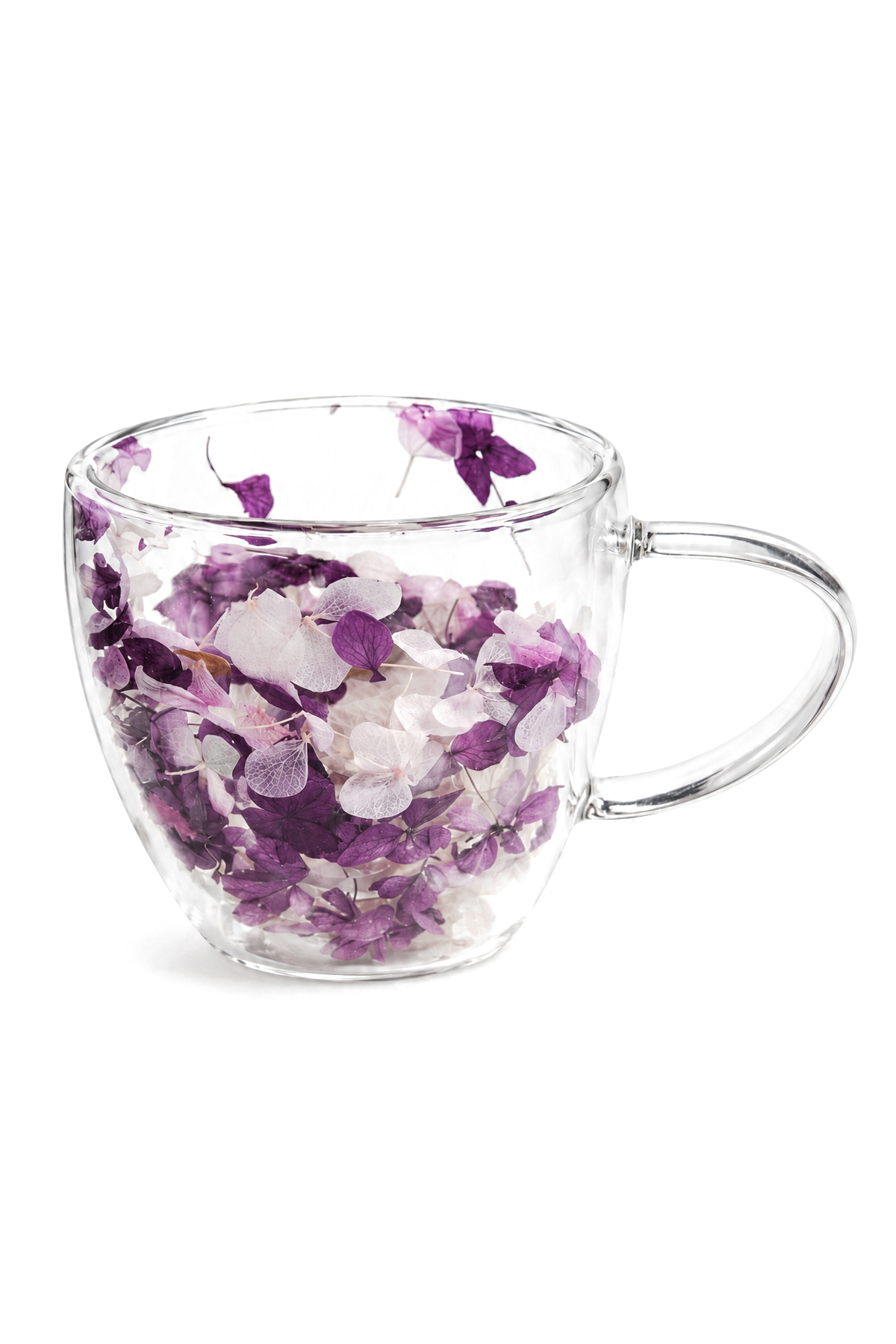 Çift Cidarlı Cam Kupa, 350 ml, 11 cm x 8 cm – Mor Beyaz Çiçekli