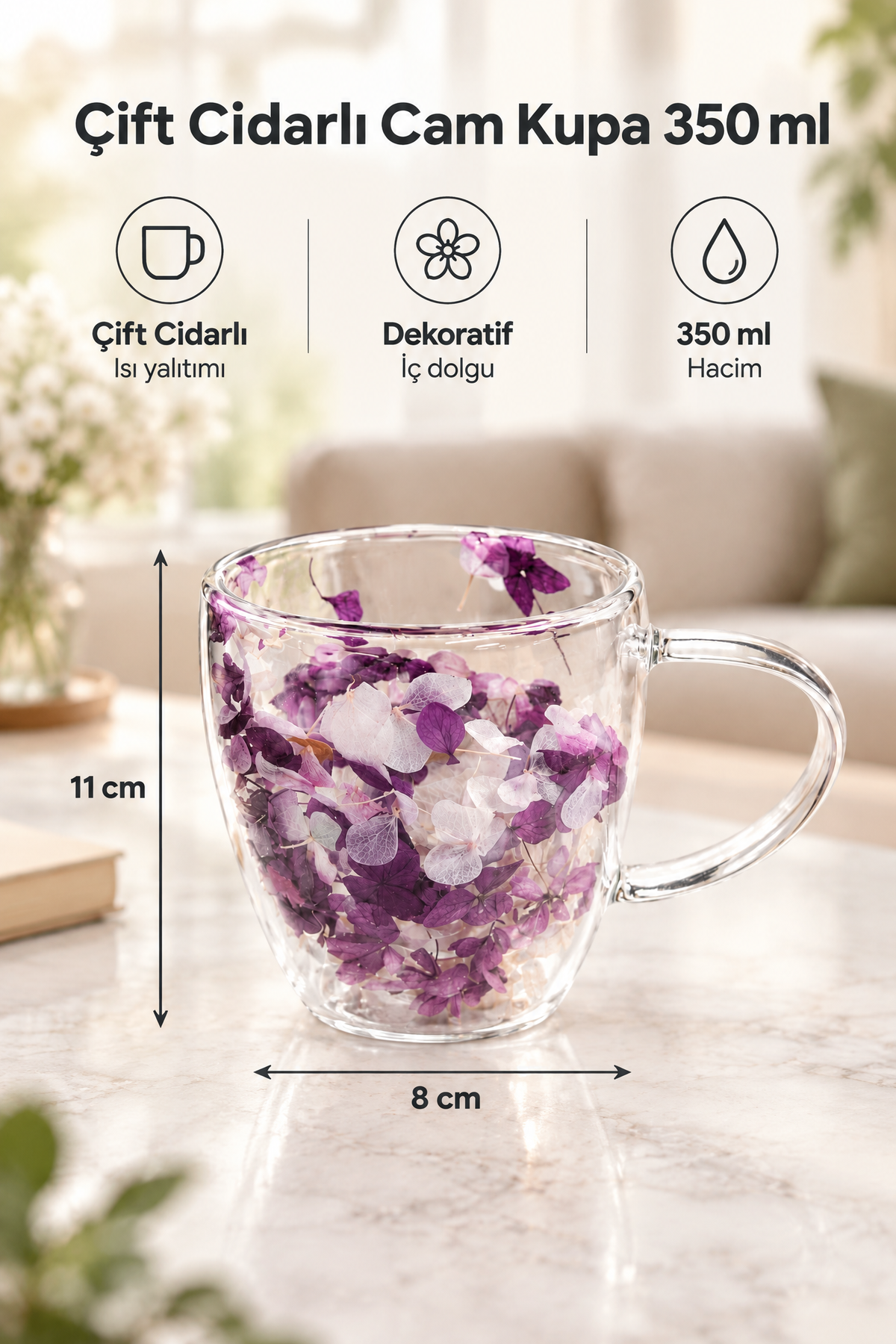 Çift Cidarlı Cam Kupa, 350 ml, 11 cm x 8 cm – Mor Beyaz Çiçekli