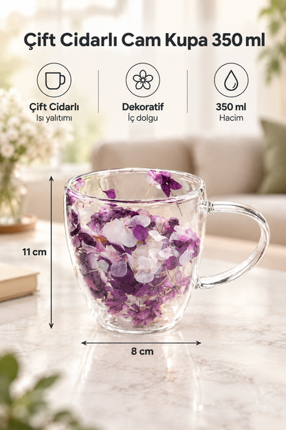 Çift Cidarlı Cam Kupa, 350 ml, 11 cm x 8 cm – Mor Beyaz Çiçekli