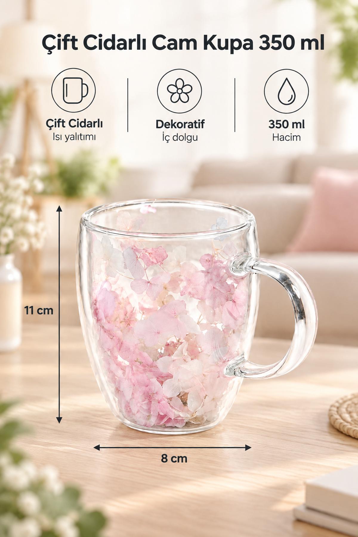 Çift Cidarlı Cam Kupa, 350 ml, 11 cm x 8 cm – Pembe Beyaz Çiçekli