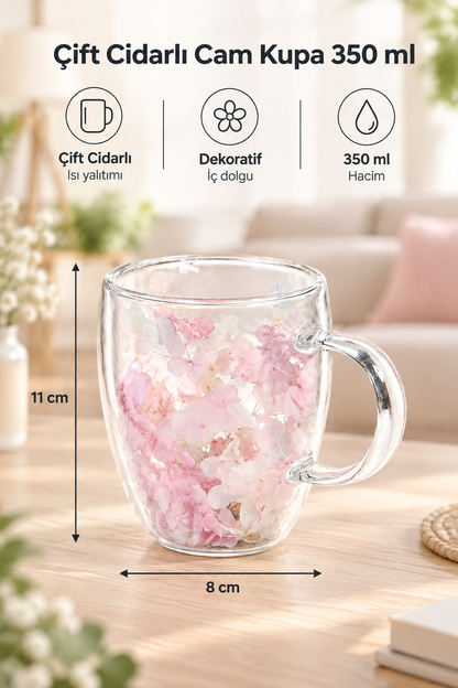 Çift Cidarlı Cam Kupa, 350 ml, 11 cm x 8 cm – Pembe Beyaz Çiçekli