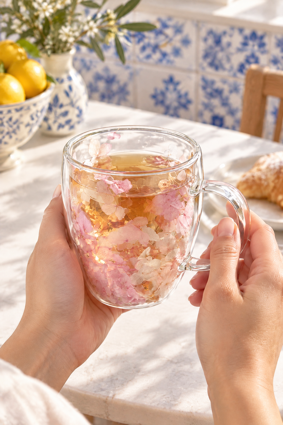 Çift Cidarlı Cam Kupa, 350 ml, 11 cm x 8 cm – Pembe Beyaz Çiçekli