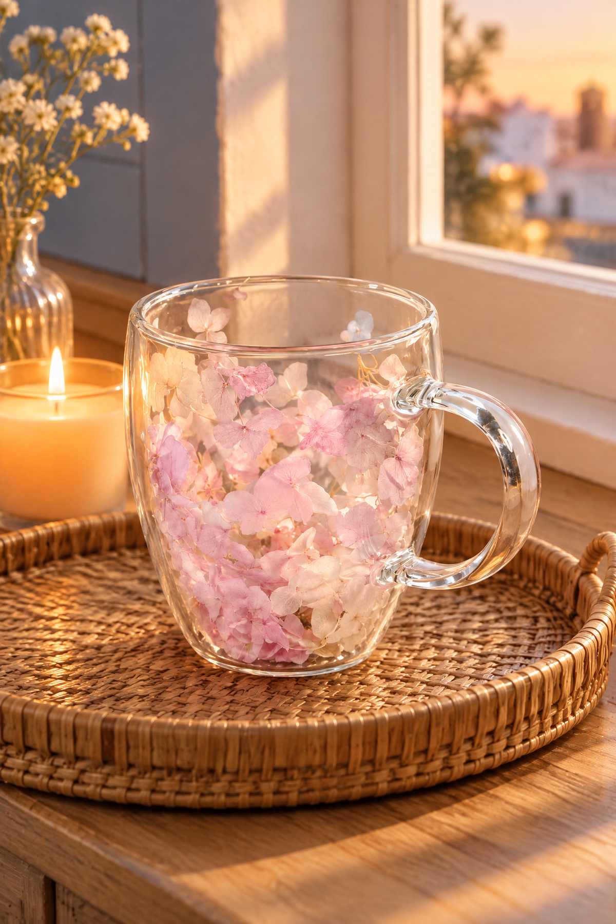 Çift Cidarlı Cam Kupa, 350 ml, 11 cm x 8 cm – Pembe Beyaz Çiçekli