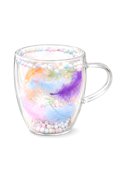 Çift Cidarlı Cam Kupa, 350 ml, 11 cm x 8 cm – Boncuklu Tüylü
