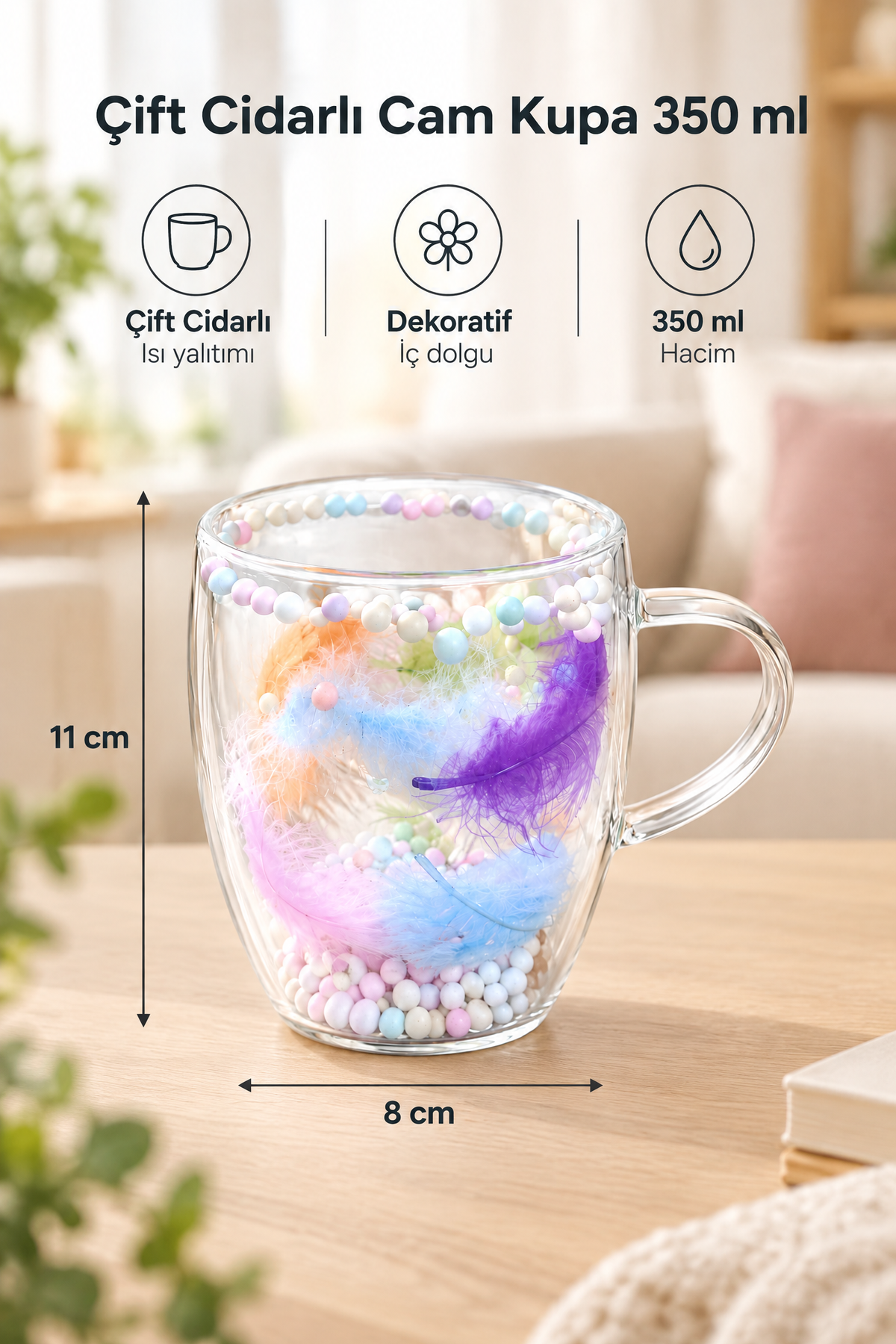 Çift Cidarlı Cam Kupa, 350 ml, 11 cm x 8 cm – Boncuklu Tüylü