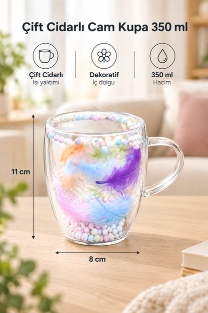 Çift Cidarlı Cam Kupa, 350 ml, 11 cm x 8 cm – Boncuklu Tüylü