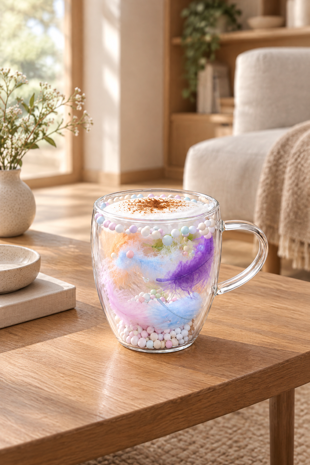 Çift Cidarlı Cam Kupa, 350 ml, 11 cm x 8 cm – Boncuklu Tüylü