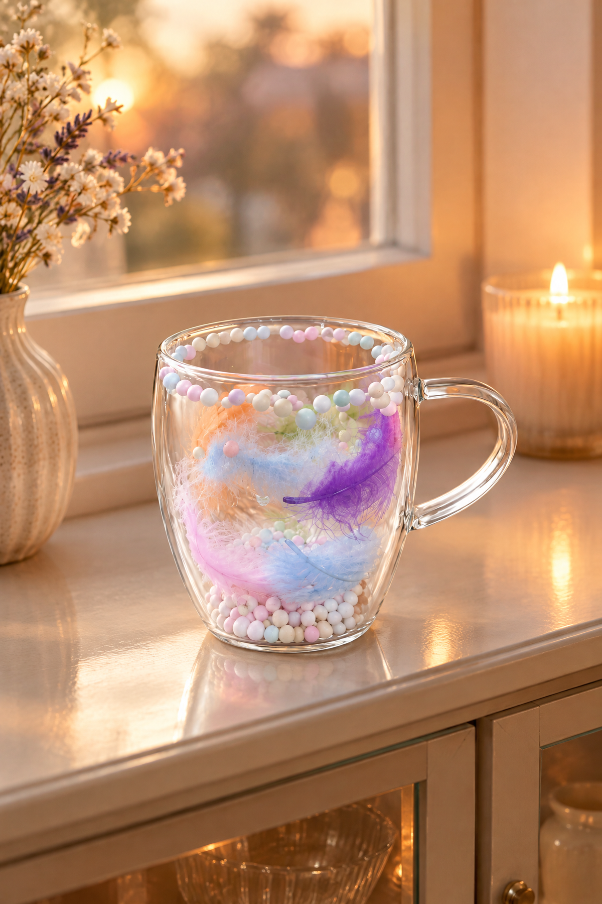 Çift Cidarlı Cam Kupa, 350 ml, 11 cm x 8 cm – Boncuklu Tüylü