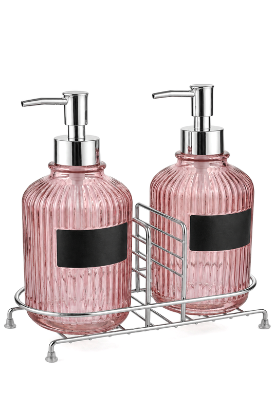 2'li Cam Sabunluk/Deterjanlık, 500 ml, Renk Metal Stantlı, 21,5x9x23 cm – Pembe Gümüş Stant