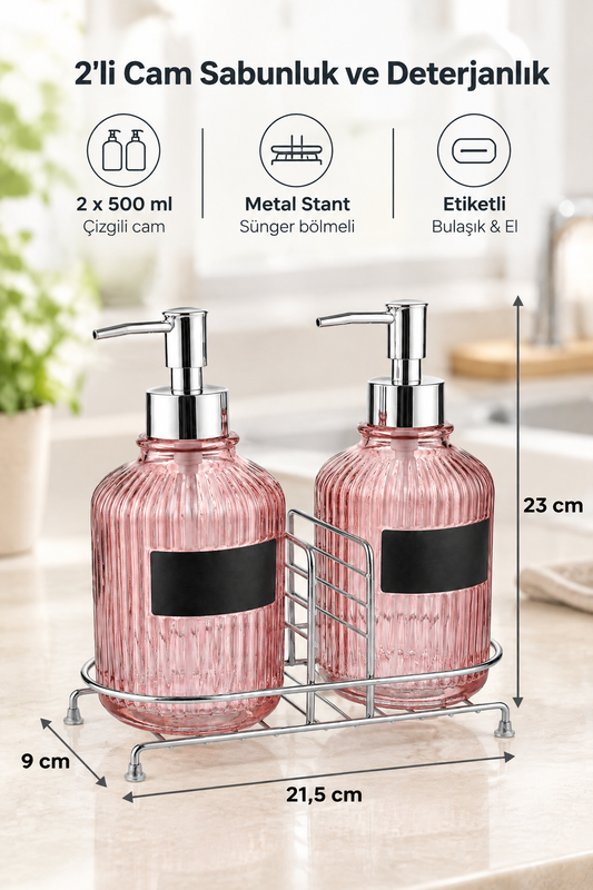 2'li Cam Sabunluk/Deterjanlık, 500 ml, Renk Metal Stantlı, 21,5x9x23 cm – Pembe Gümüş Stant