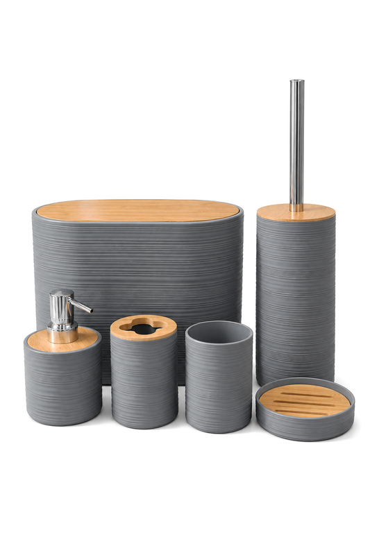 6 Parça Banyo Seti, Bambu Detaylı, 8L Çöp Kovası 24x26x16 cm – Gri 317-6-C