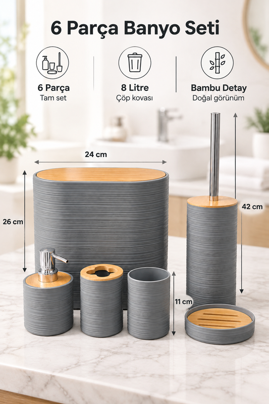 6 Parça Banyo Seti, Bambu Detaylı, 8L Çöp Kovası 24x26x16 cm – Gri 317-6-C