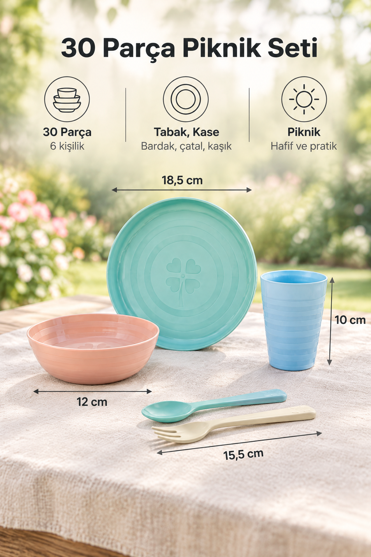 30 Parça Piknik Seti 6 Kişilik Tabak, Kase, Bardak, Kaşık, Çatal, Plastik