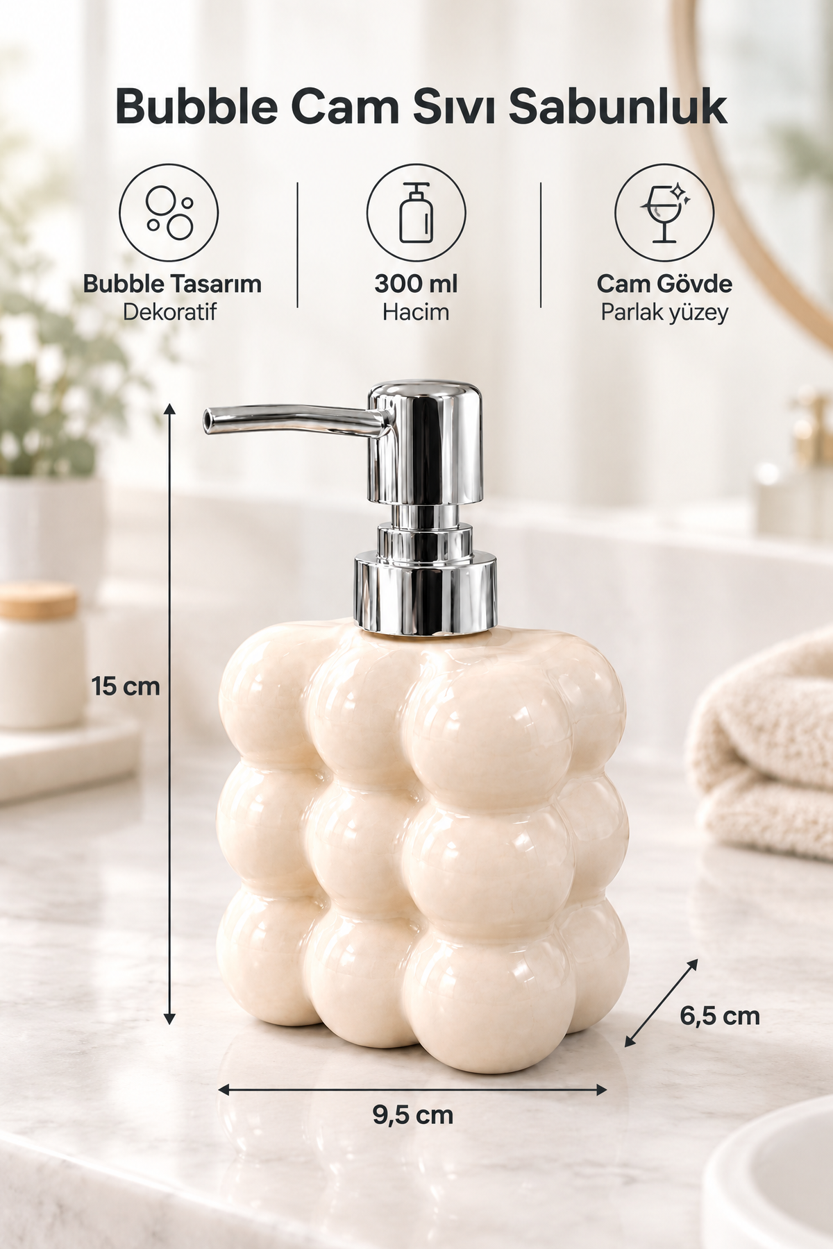 Bubble Cam Sıvı Sabunluk, 300 ml -, 9,5x6,5x15 cm – Krem