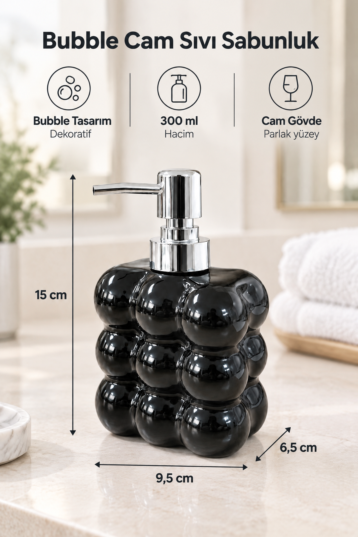 Bubble Cam Sıvı Sabunluk, 300 ml -, 9,5x6,5x15 cm – Siyah