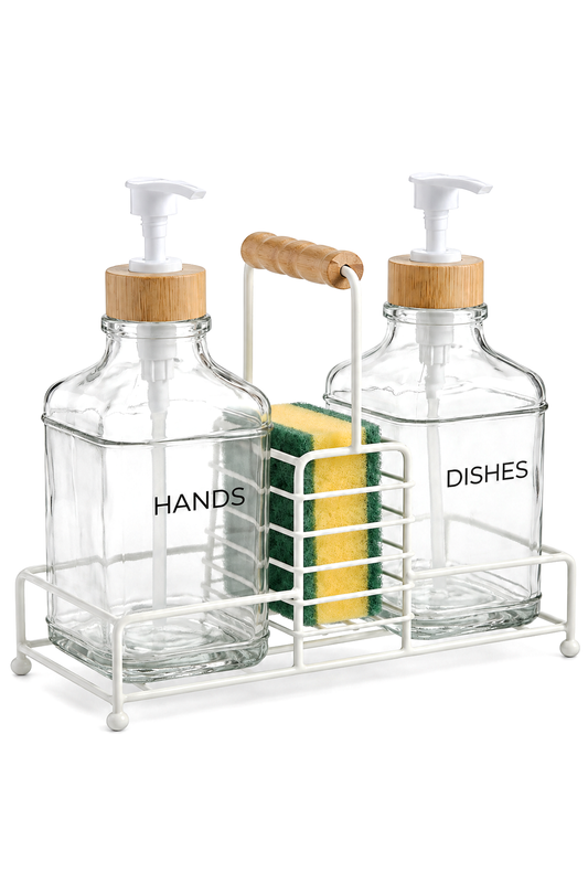 Lüks Bambu Kulplu Metal Stantlı İkili Cam Sıvı Sabunluk 500 ml, 23x9x23,5 cm – Beyaz