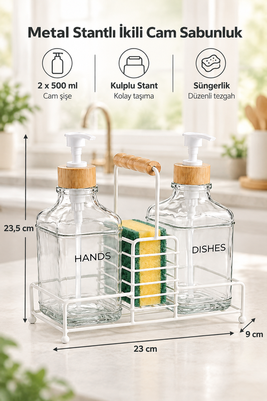 Lüks Bambu Kulplu Metal Stantlı İkili Cam Sıvı Sabunluk 500 ml, 23x9x23,5 cm – Beyaz