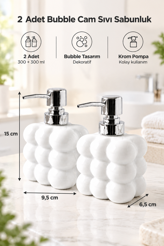 2 adet Bubble Cam Sıvı Sabunluk, 300 ml + 300 ml -, 9,5x6,5x15 cm – Beyaz