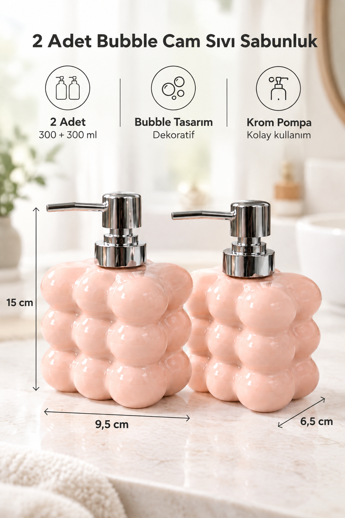 2 adet Bubble Cam Sıvı Sabunluk, 300 ml + 300 ml -, 9,5x6,5x15 cm – Somon
