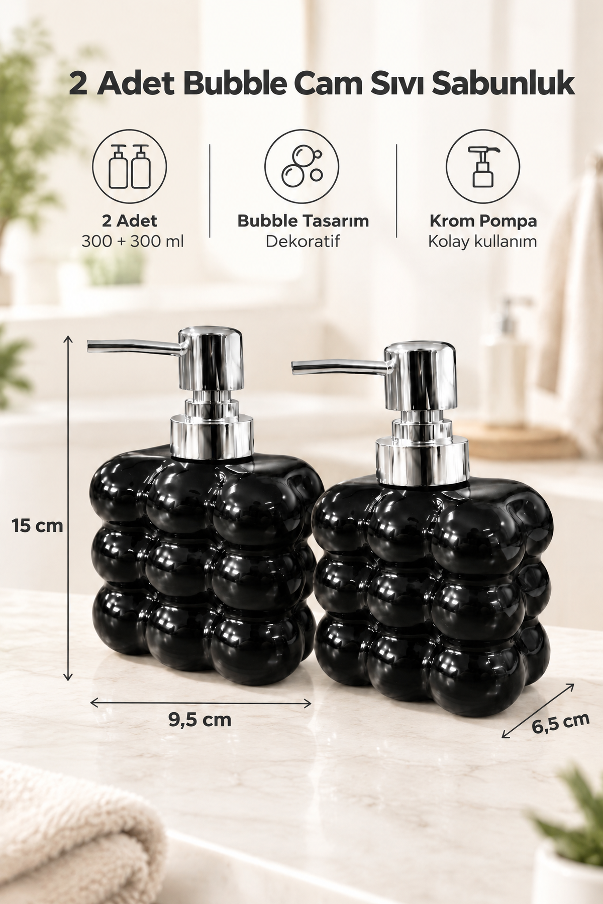 2 adet Bubble Cam Sıvı Sabunluk, 300 ml + 300 ml -, 9,5x6,5x15 cm – Siyah