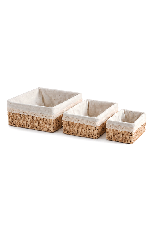 3’lü Bambu Ekmek Sepeti Seti, 26x20x12 cm, Metal Çerçeveli Dantelli Çiçek Desenli Kumaşlı Organizer