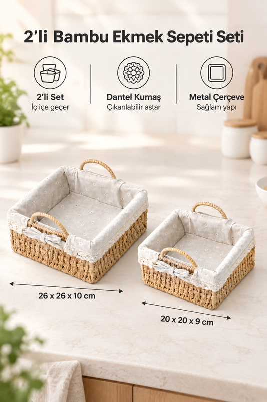 2’li Bambu Ekmek Sepeti Seti, Kulplu Metal Çerçeveli, Dantelli Çiçek Desenli Kumaş – Kare