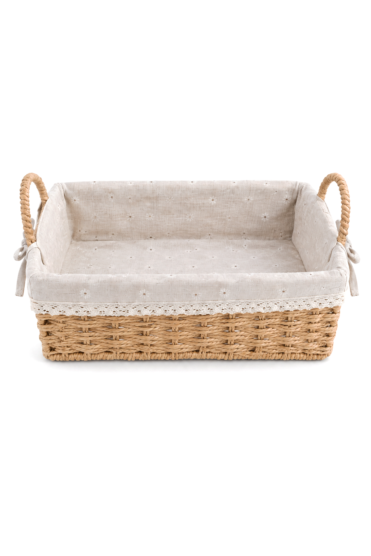 Bambu Ekmek Sepeti, 31x20x10 cm, Dantelli Çiçek Desenli Kumaş, Metal Çerçeve