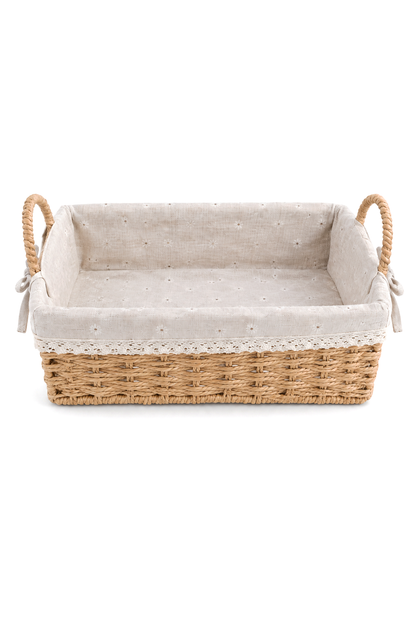Bambu Ekmek Sepeti, 31x20x10 cm, Dantelli Çiçek Desenli Kumaş, Metal Çerçeve